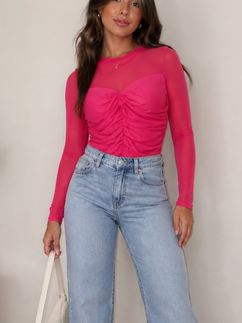 HALARA Fuchsia Ruched Long-Sleeve Mesh Bodysuit